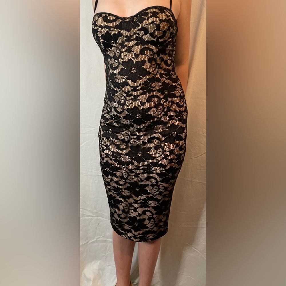 ASOS Bombshell dress. Cream with black lace overlay & spaghetti straps.